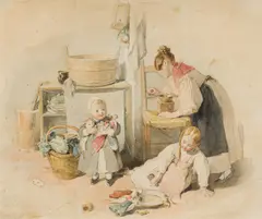 Peter Fendi, Mother with children, grinding coffee, c. 1840, watercolour on paper; framed