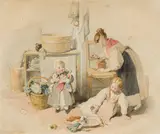 Peter Fendi, Mother with children, grinding coffee, c. 1840, watercolour on paper; framed