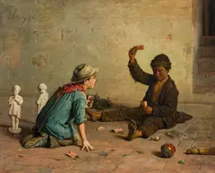 Orfeo Orfei, Boys playing cards, oil on canvas; framed