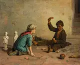 Orfeo Orfei, Boys playing cards, oil on canvas; framed