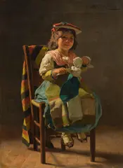 Italian girl with doll by Guiseppe Barison, oil on canvas; framed, sold Jun 2024