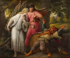 Carl Joseph Geiger, Snow-White and Rose-Red with the dwarf, oil on canvas; framed