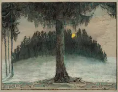 Emilie Mediz-Pelikan, Larch forest by full moon, 1901, pastel on paper; framed