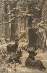 Franz Xaver von Pausinger, Resting stags in the winter forest, charcoal, chalk on paper on canvas; framed