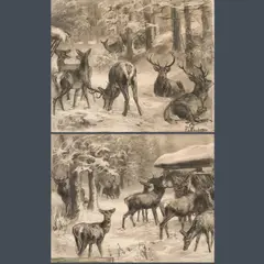 Franz Xaver von Pausinger, Deer herd at a feeding trough in the winter forest (pendants), charcoal, chalk on paper on canvas; framed