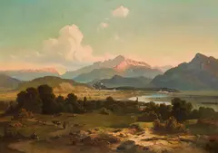 Josef Mayburger, Panoramic view of salzburg from Maria Plain, 1859, oil on canvas; framed