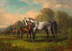 Otto Stotz, Horses in the paddock, oil on canvas; framed