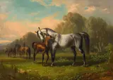 Otto Stotz, Horses in the paddock, oil on canvas; framed