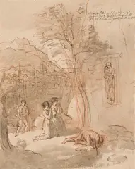 Jakob Gauermann, Praying in front of a wayside shrine, c. 1814, pen and black ink, red chalk, gray wash on paper; unframed