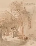 Jakob Gauermann, Praying in front of a wayside shrine, c. 1814, pen and black ink, red chalk, gray wash on paper; unframed