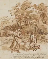 Jakob Gauermann, Binding grain, c. 1816, pen and black ink, red chalk, brown wash, screened on paper; unframed