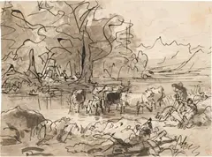 Friedrich Gauermann, Cattle at the watering place at Lake Zell, pen and black ink over pencil, gray wash on paper; unframed