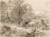 Friedrich Gauermann, Cattle at the watering place at Lake Zell, pen and black ink over pencil, gray wash on paper; unframed