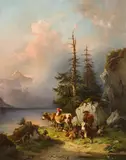 Edmund Mahlknecht, Herd on the lakeshore, oil on canvas; framed