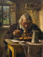 Thomas Riss, Give us our daily bread, oil on cardboard; framed