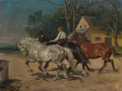 Julius von Blaas, Rider with horses, oil on canvas; framed