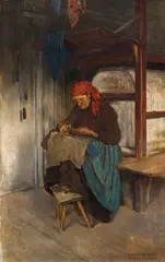 Theodor Josef Ethofer, South Tyrolean farmer's wife, sewing by the oven, 1896, oil on panel; framed