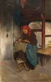 Theodor Josef Ethofer, South Tyrolean farmer's wife, sewing by the oven, 1896, oil on panel; framed