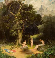 Otakar Číla, Bathing women by the forest lake, oil on plywood; framed