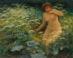 Karel Langer, Female nude in flower meadow, c. 1900, oil on canvas; framed