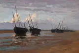 Alfred Zoff, On the beach at La Panne (fishing boats at low tide), c. 1901, oil on canvas on cardboard; framed