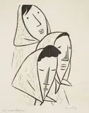 Werner Berg, Drei weibliche Köpfe, 1981, woodcut on paper; framed