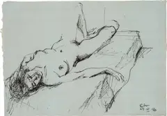 Nude lying by Georg Eisler, 1990, India ink on paper; framed, sold Jun 2024