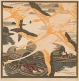 Norbertine Bresslern-Roth, Flamingos V, colour linocut on paper; framed