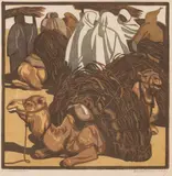 Norbertine Bresslern-Roth, Holzmarkt, colour linocut on paper; framed