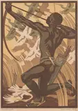 Norbertine Bresslern-Roth, Bird hunter, colour linocut on paper; framed