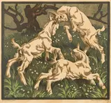 Norbertine Bresslern-Roth, Jugend (Spielende Zicklein), colour linocut on paper; framed