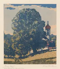 Josef Stoitzner, Tiroler Dorf/Ansicht einer Kirche, c. 1911, colour woodcut on paper; framed