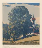 Josef Stoitzner, Tiroler Dorf/Ansicht einer Kirche, c. 1911, colour woodcut on paper; framed