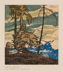 Josef Stoitzner, Aus dem Gebirge/Wetterbäume, c. 1910, colour woodcut on paper; framed