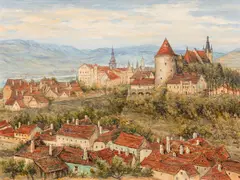 Siegfried Stoitzner, View on the Pulverturm and the Piaristenkirche in Krems, c. 1943, oil on cardboard; framed