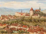 Siegfried Stoitzner, View on the Pulverturm and the Piaristenkirche in Krems, c. 1943, oil on cardboard; framed