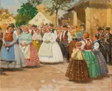 Hans Tschelan, Wedding reception, oil on panel, framed