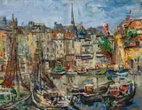 Wilhelm Kaufmann, Harbour city, oil on hardboard; framed