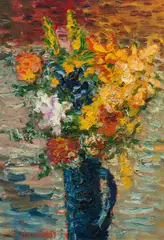 Karl Stark, Flowers in a blue jug, 1989, oil on hardboard; framed