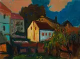 Josef Dobrowsky, Garden in Ybbs, yellow house, oil on hardboard; framed