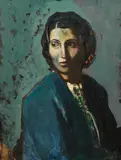 Josef Dobrowsky, Lady with blue coat, oil on plywood; framed