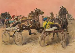 At the trotting race by Carl Franz Bauer, 1949, mixed media on paper on board; framed, sold Jun 2024