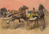 Carl Franz Bauer, At the trotting race, 1949, mixed media on paper on board; framed