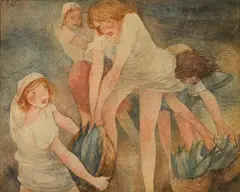 Otto Rudolf Schatz, Four women with fish baskets, watercolour on paper; framed