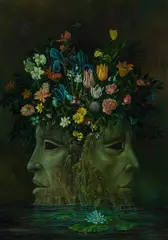 Peter Proksch, Janus Floridus, 1980, mixed media on hardboard; framed