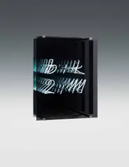 Brigitte Kowanz, b:k 2:11, 2002, mirror, spy mirror, neon, iron