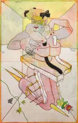 Peter Sengl, Figur für Spieße oder Pelz und in die Haut Röhren, 1974, mixed media on wood panel; unframed