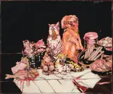 Peter Sengl, Stilleben mit Teewärmer-Haltungstieren, 1982, oil on canvas; framed