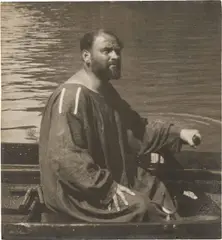 Emma Bacher-Teschner, Gustav Klimt in a Rowing Boat in Front of Villa Paulick on Lake Attersee, 1909, silver gelatine print; framed