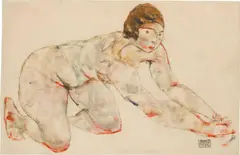 Egon Schiele, Crouching Female Nude, 1914, gouache, watercolour and black chalk on paper; framed